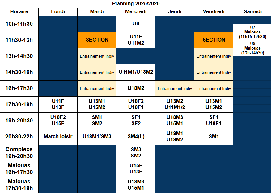 Planning des entrainements - Cliquez pour agrandir