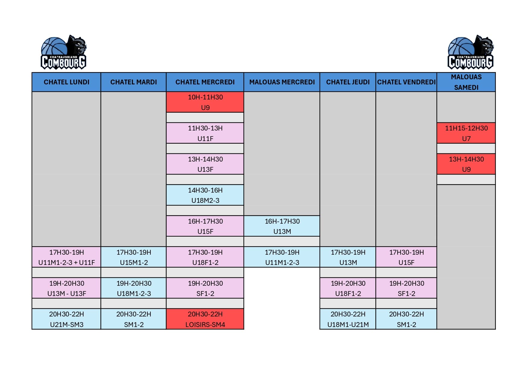 Planning des entrainements - Cliquez pour agrandir